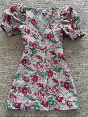 GANNI Jacquard Pink & Green Floral Puff-Sleeve Mini Dress